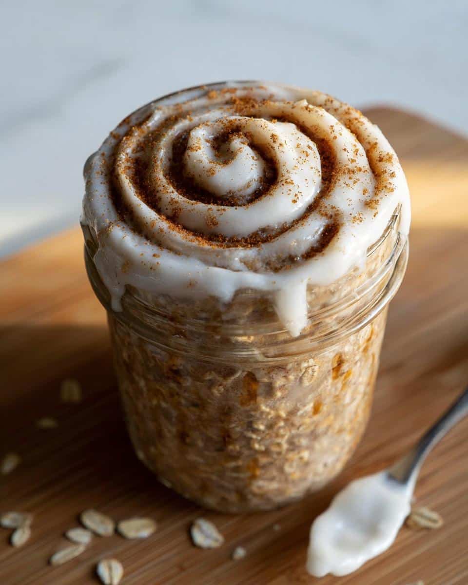 Close-up of Cinnamon Roll Overnight Oats in a jar, topped with white icing swirled like a cinnamon roll and sprinkled with cinnamon.