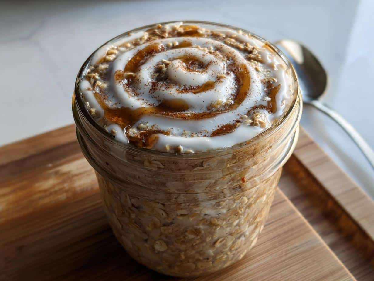 Close-up of Cinnamon Roll Overnight Oats in a mason jar topped with white icing swirled with caramel and cinnamon.