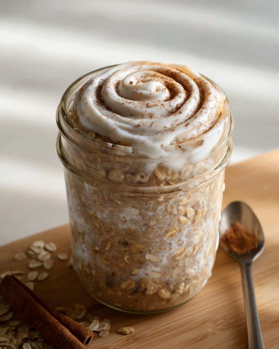 A jar of Cinnamon Roll Overnight Oats topped with swirled white icing and cinnamon spice.