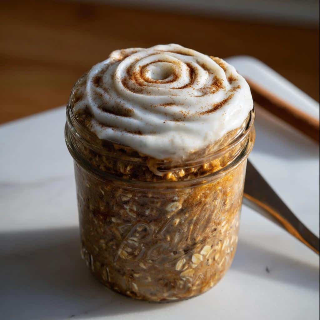 A close-up of Cinnamon Roll Overnight Oats topped with white frosting swirled like a cinnamon roll.