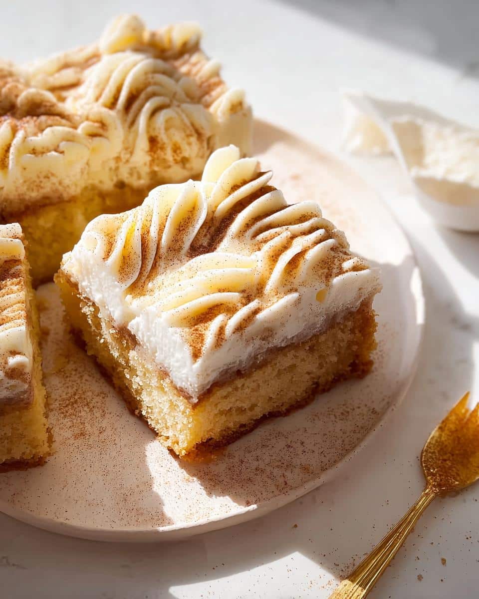 A close-up of a square slice of Cinnamon Sugar Snack Cake topped with piped white frosting and sprinkled with cinnamon.
