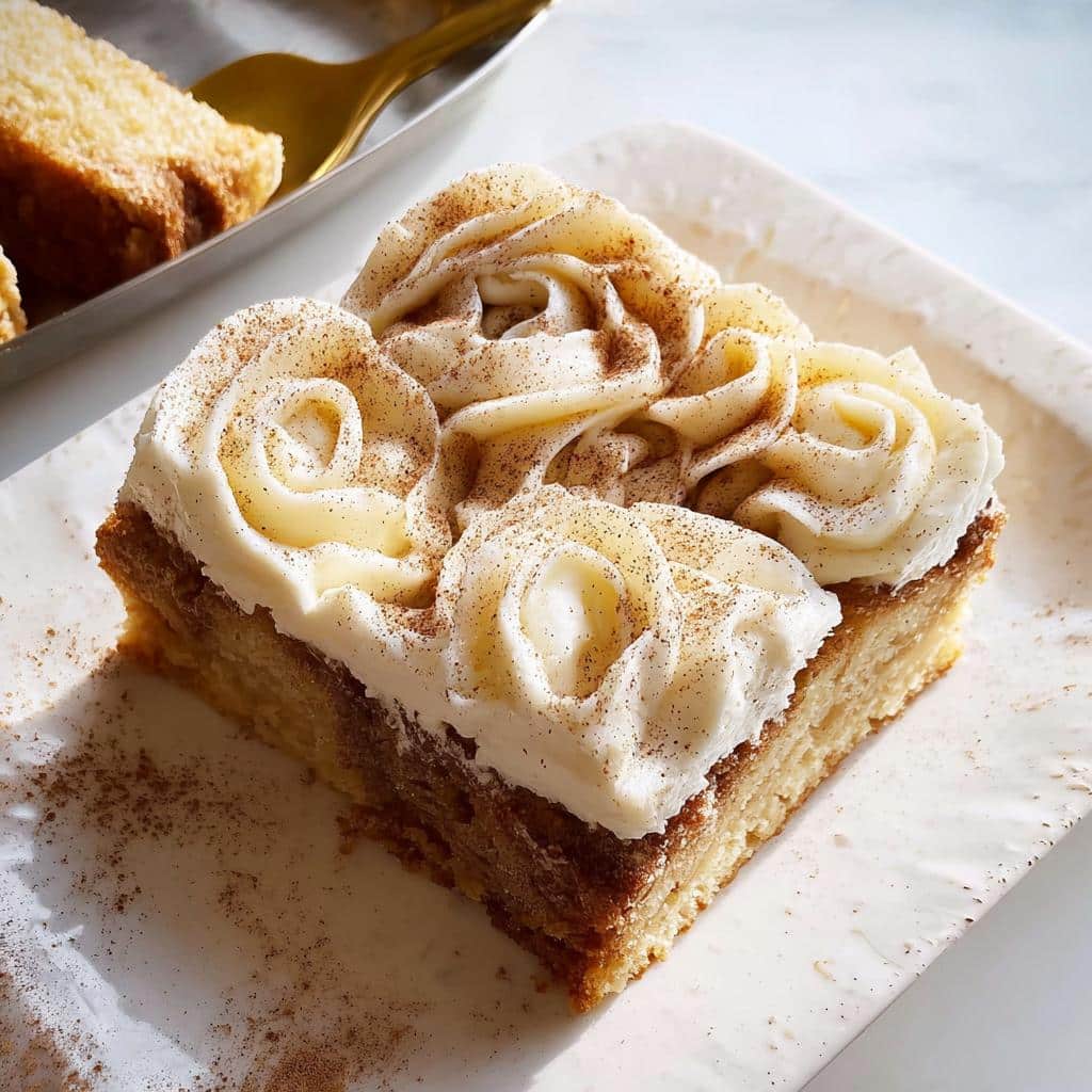 A square slice of Cinnamon Sugar Snack Cake topped with piped vanilla frosting roses and sprinkled with cinnamon.