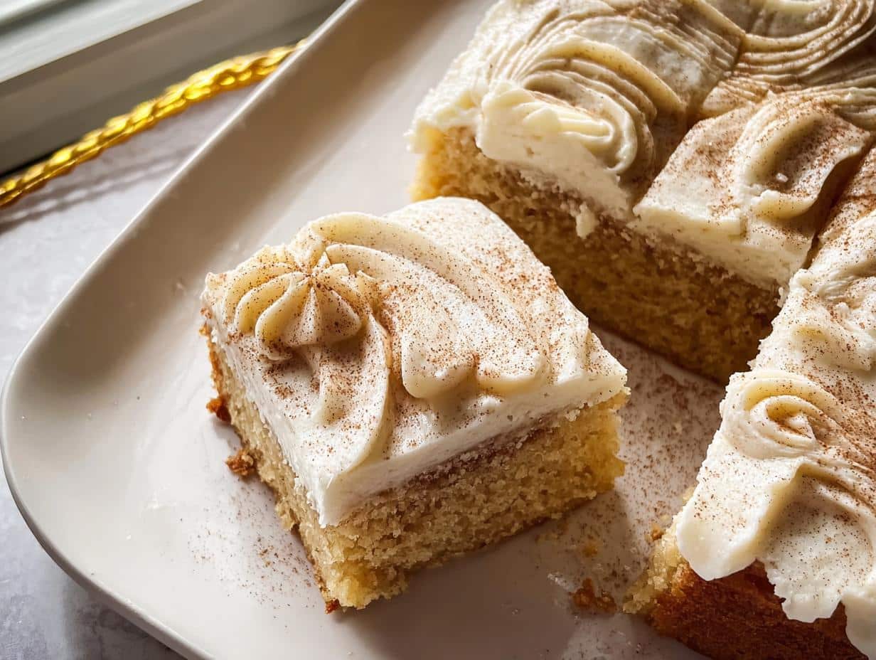 Close-up of a square slice of Cinnamon Sugar Snack Cake topped with creamy white frosting and a dusting of cinnamon.