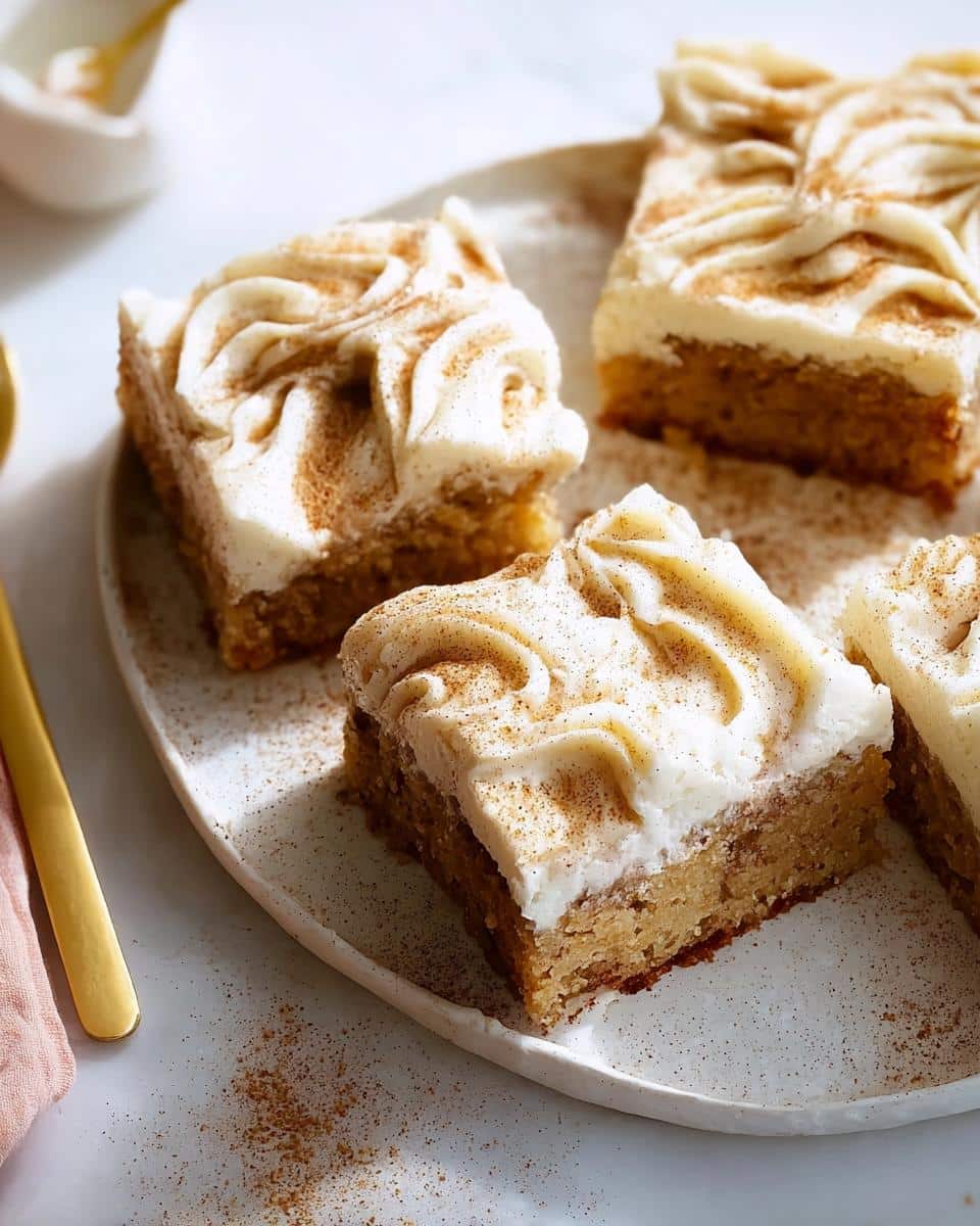 Close-up of four slices of Cinnamon Sugar Snack Cake topped with white frosting and sprinkled with cinnamon.