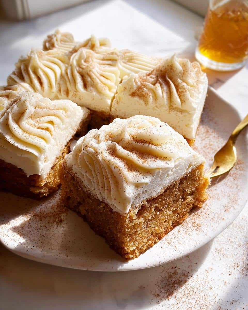 Close-up of several slices of moist Cinnamon Sugar Snack Cake topped with piped cream cheese frosting and dusted with cinnamon.