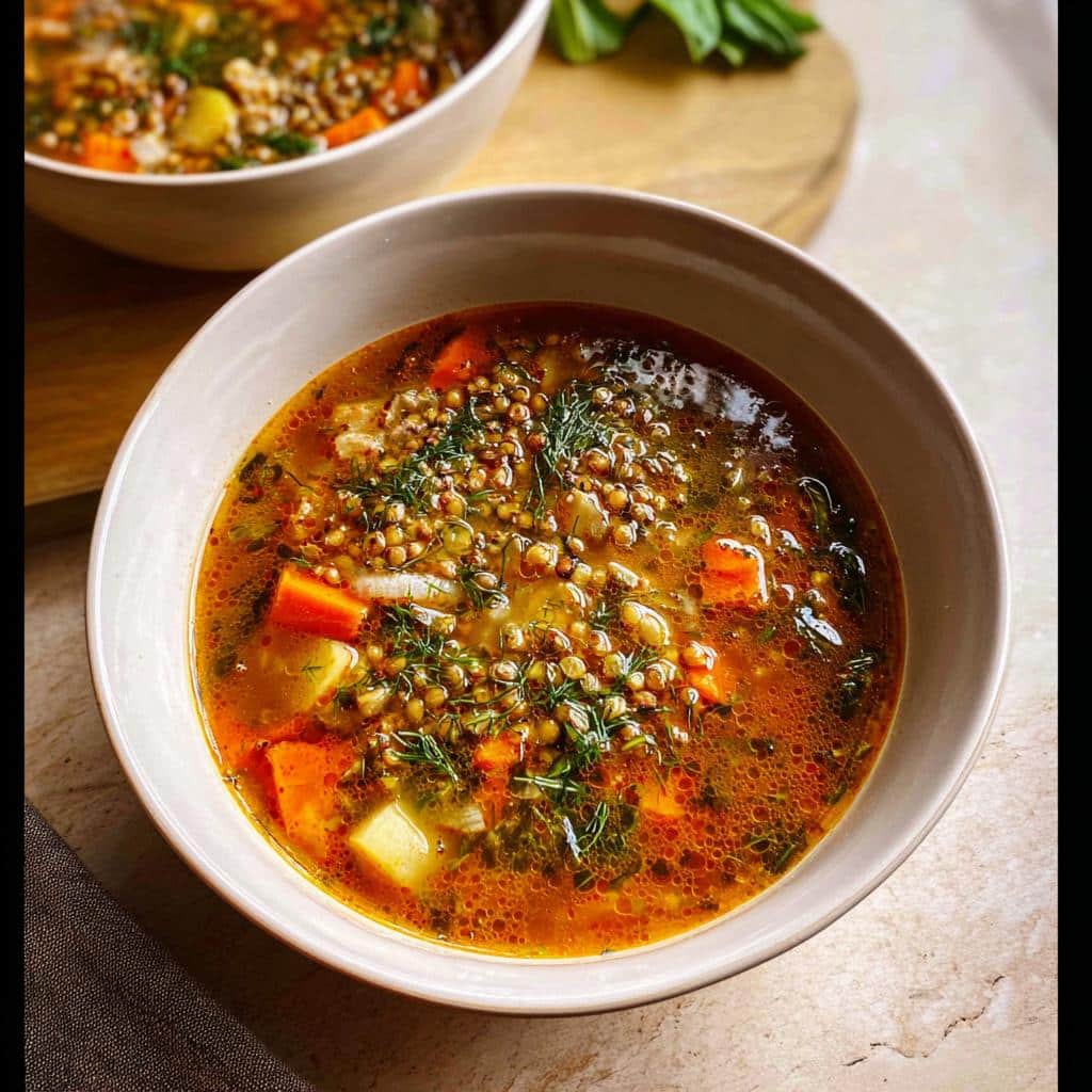 Close-up of a bowl of rich, savory Clear Protein Soup filled with lentils, carrots, potatoes, and fresh dill.