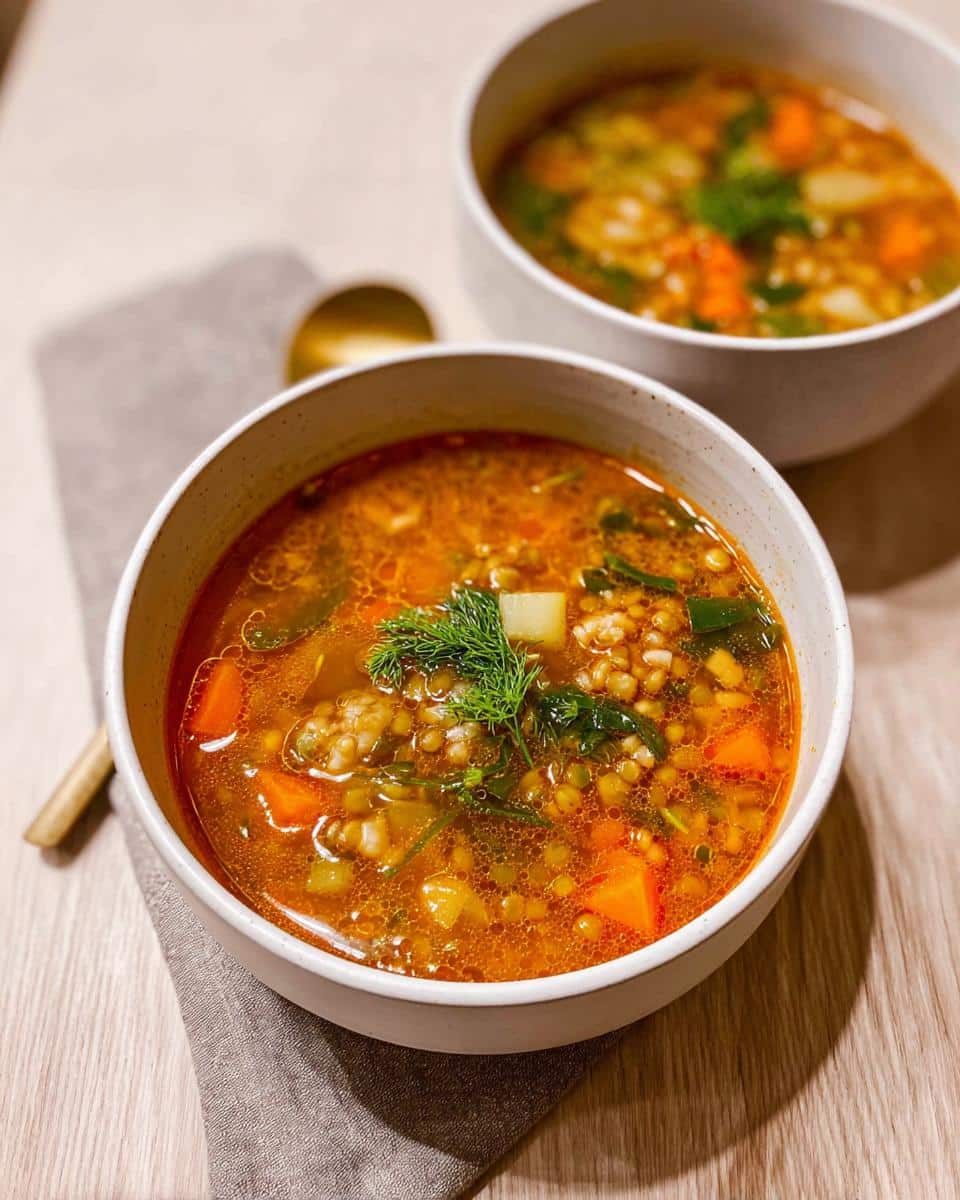 Close-up of a bowl of rich, orange-hued Clear Protein Soup filled with lentils, carrots, and greens, garnished with dill.