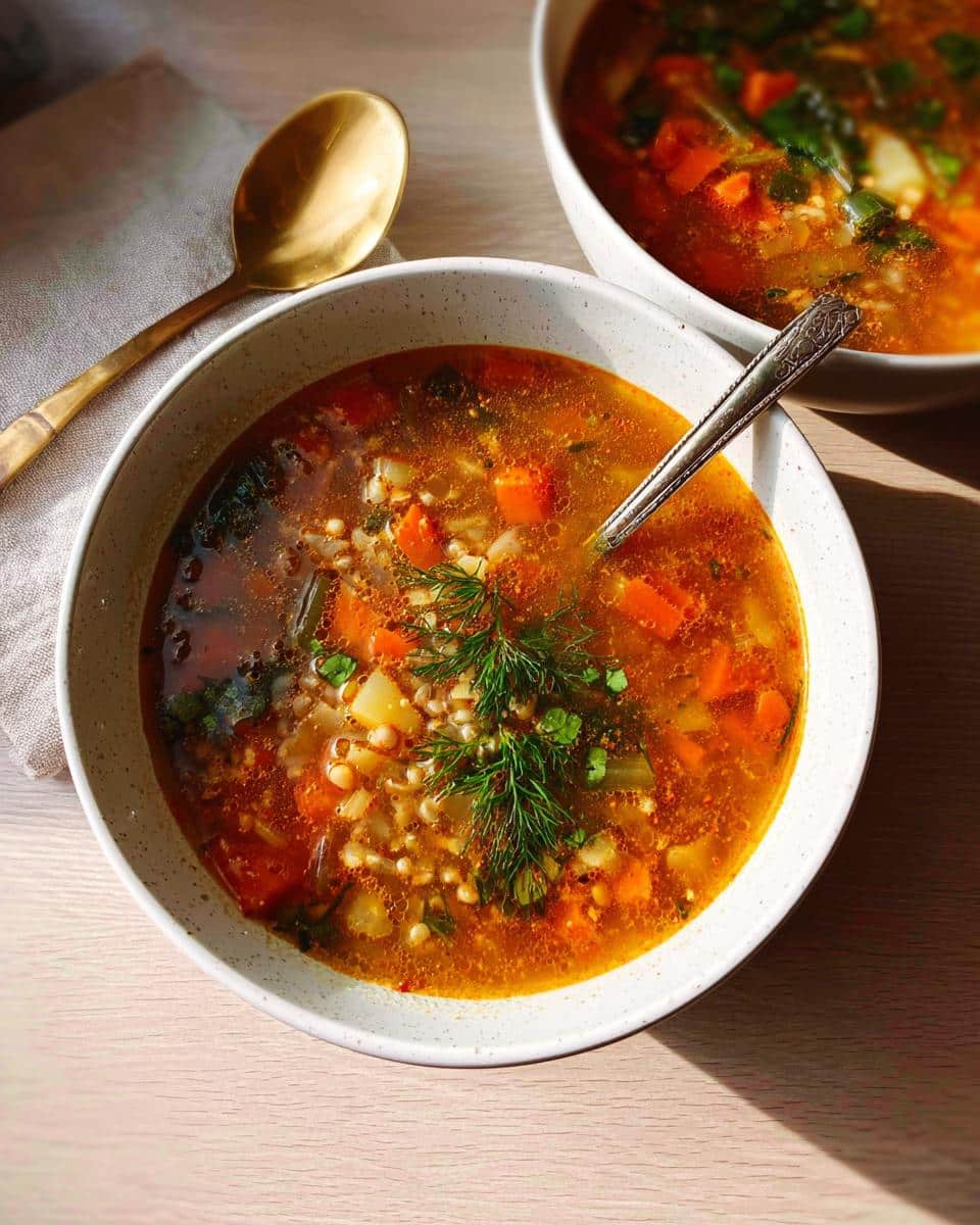 Close-up of a bowl of rich, orange-hued Clear Protein Soup filled with diced vegetables and small pasta, garnished with fresh dill.