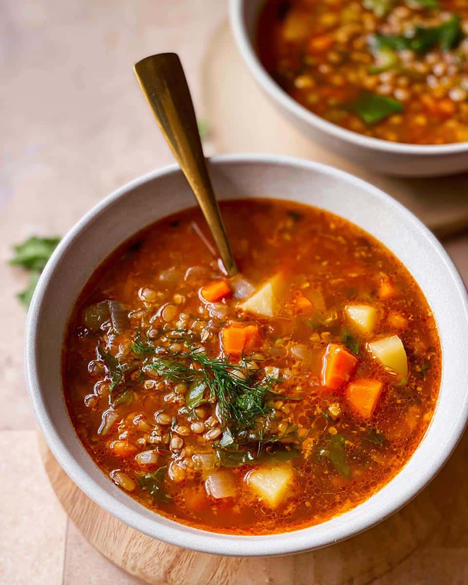 Close-up of a bowl of rich, reddish Clear Protein Soup filled with lentils, diced carrots, and potatoes, garnished with fresh dill.
