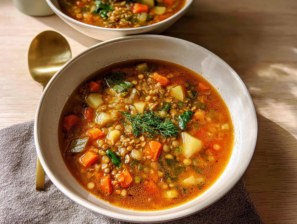 Close-up of a bowl filled with Clear Protein Soup featuring lentils, carrots, potatoes, and greens, garnished with dill.