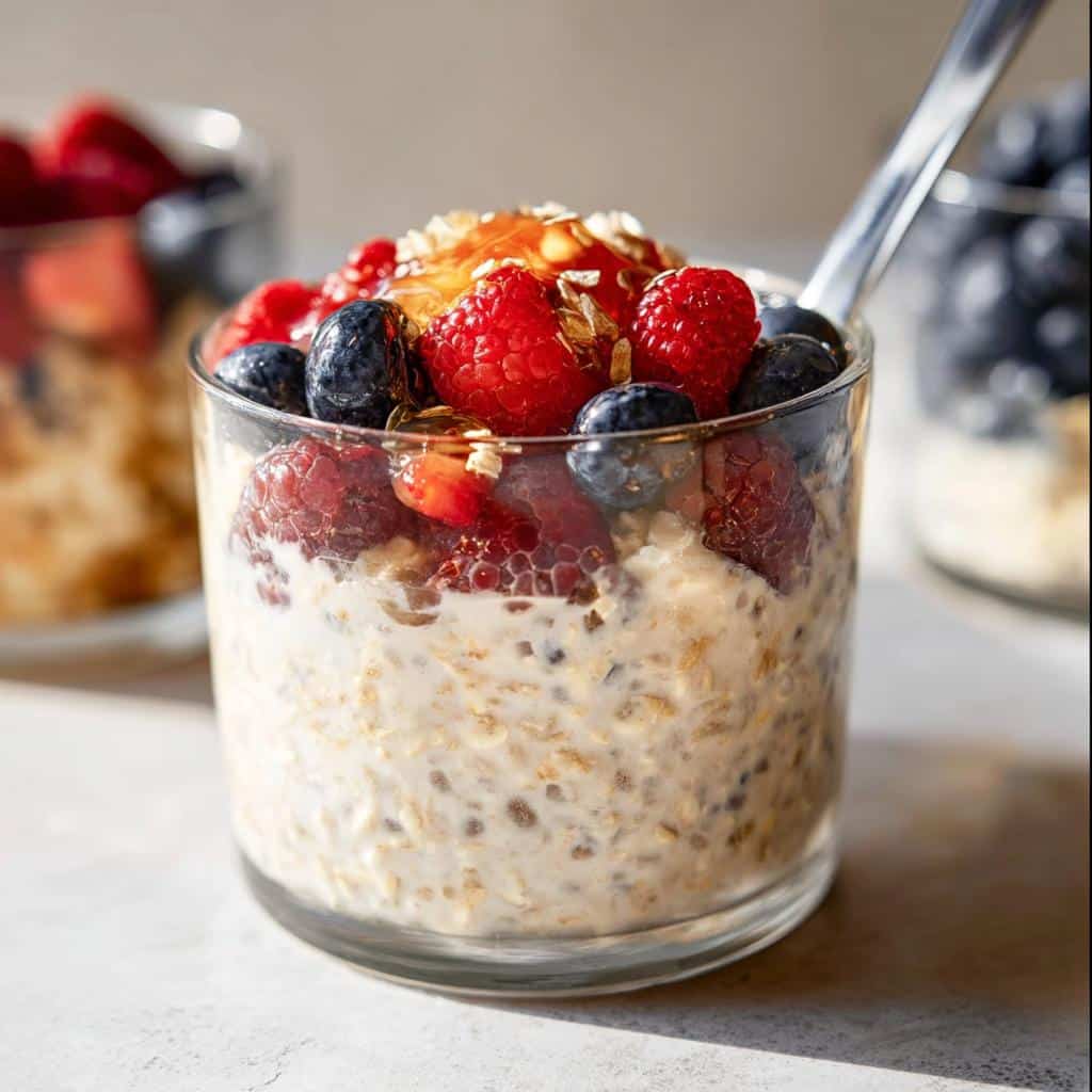 Close-up of Coconut Milk Overnight Oats topped with fresh raspberries, blueberries, and honey.