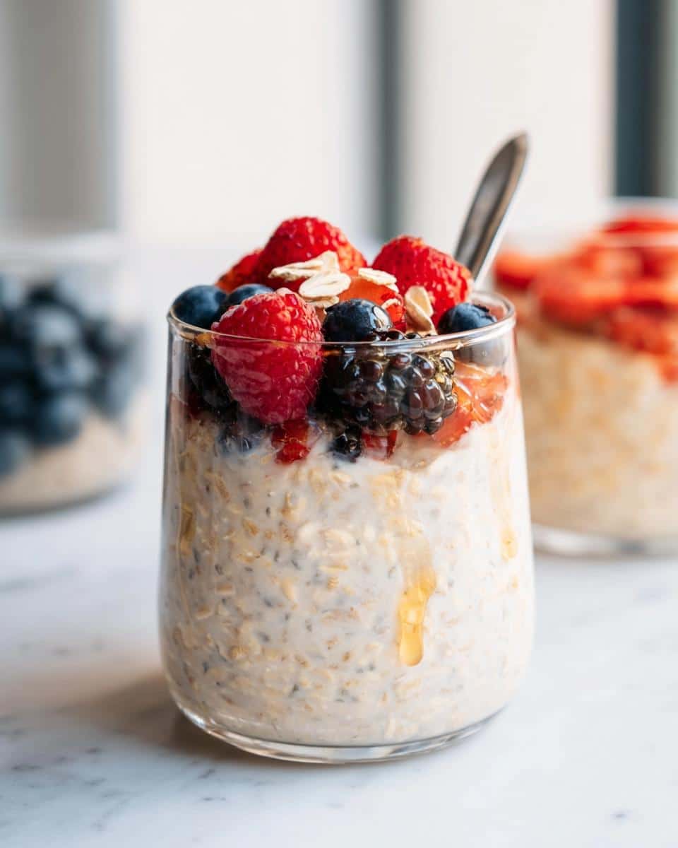 Close-up of Coconut Milk Overnight Oats topped with fresh mixed berries and a drizzle of honey.