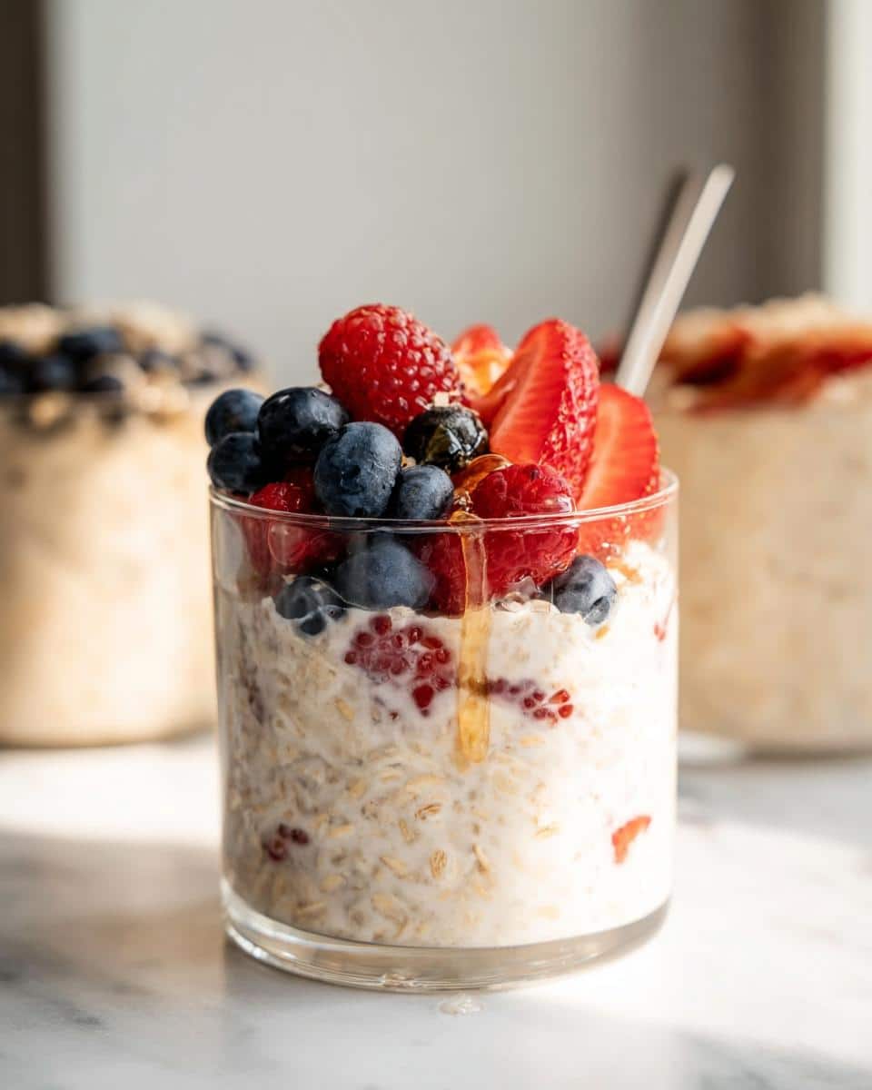 Close-up of Coconut Milk Overnight Oats topped with fresh blueberries, raspberries, strawberries, and drizzled with honey.