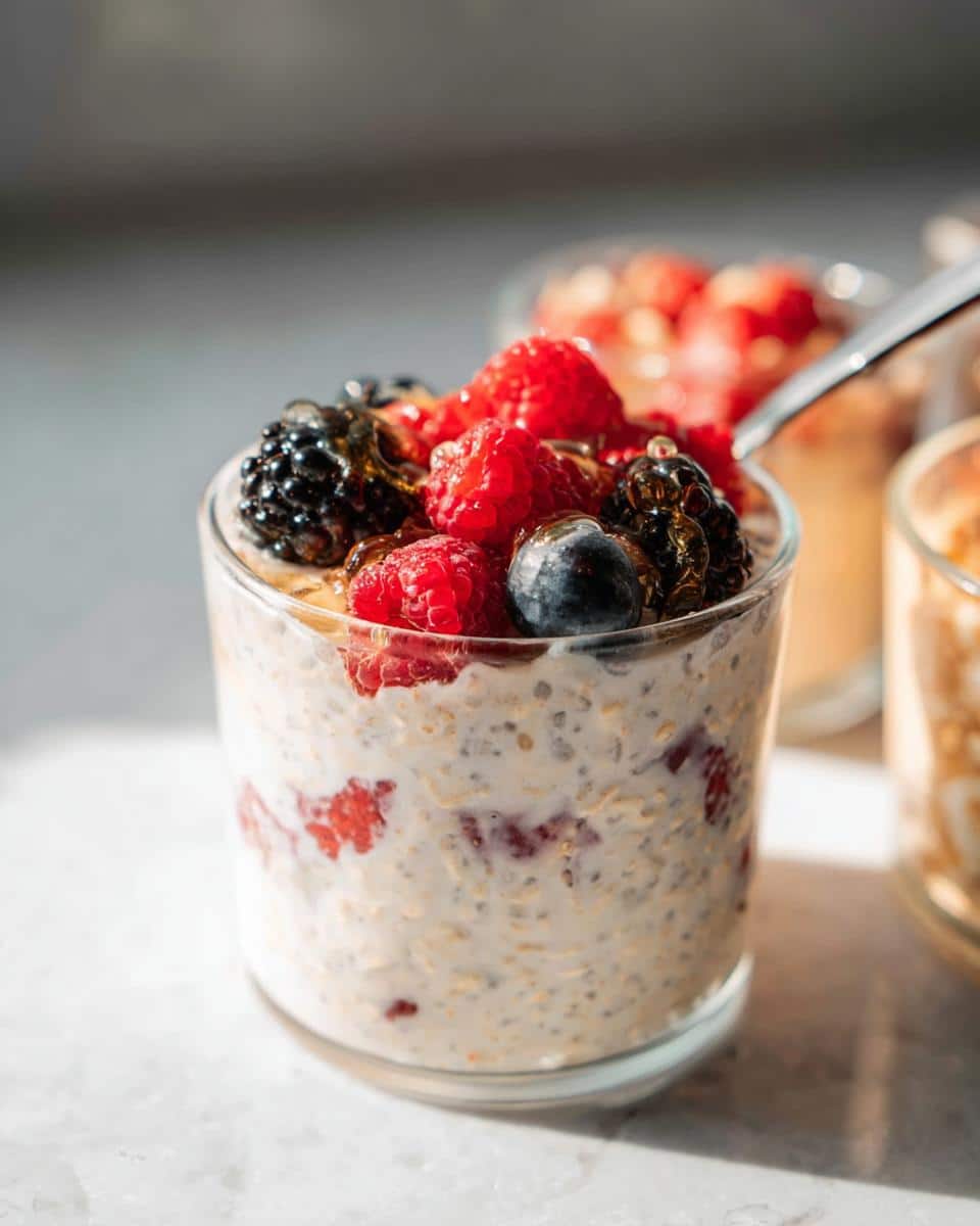 Close-up of a glass jar filled with creamy Coconut Milk Overnight Oats, topped generously with fresh raspberries, blackberries, and blueberries.