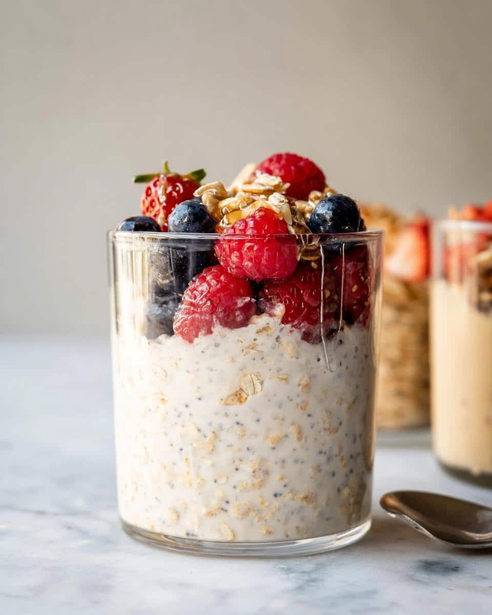 Close-up of Coconut Milk Overnight Oats topped generously with fresh raspberries, blueberries, a strawberry, nuts, and a drizzle of honey.