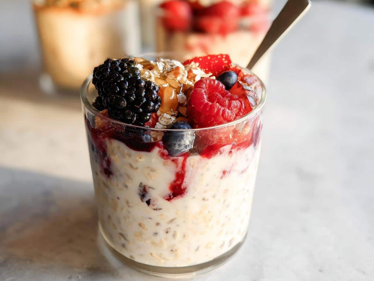 Close-up of Coconut Milk Overnight Oats topped with fresh blackberries, raspberries, blueberries, and granola.