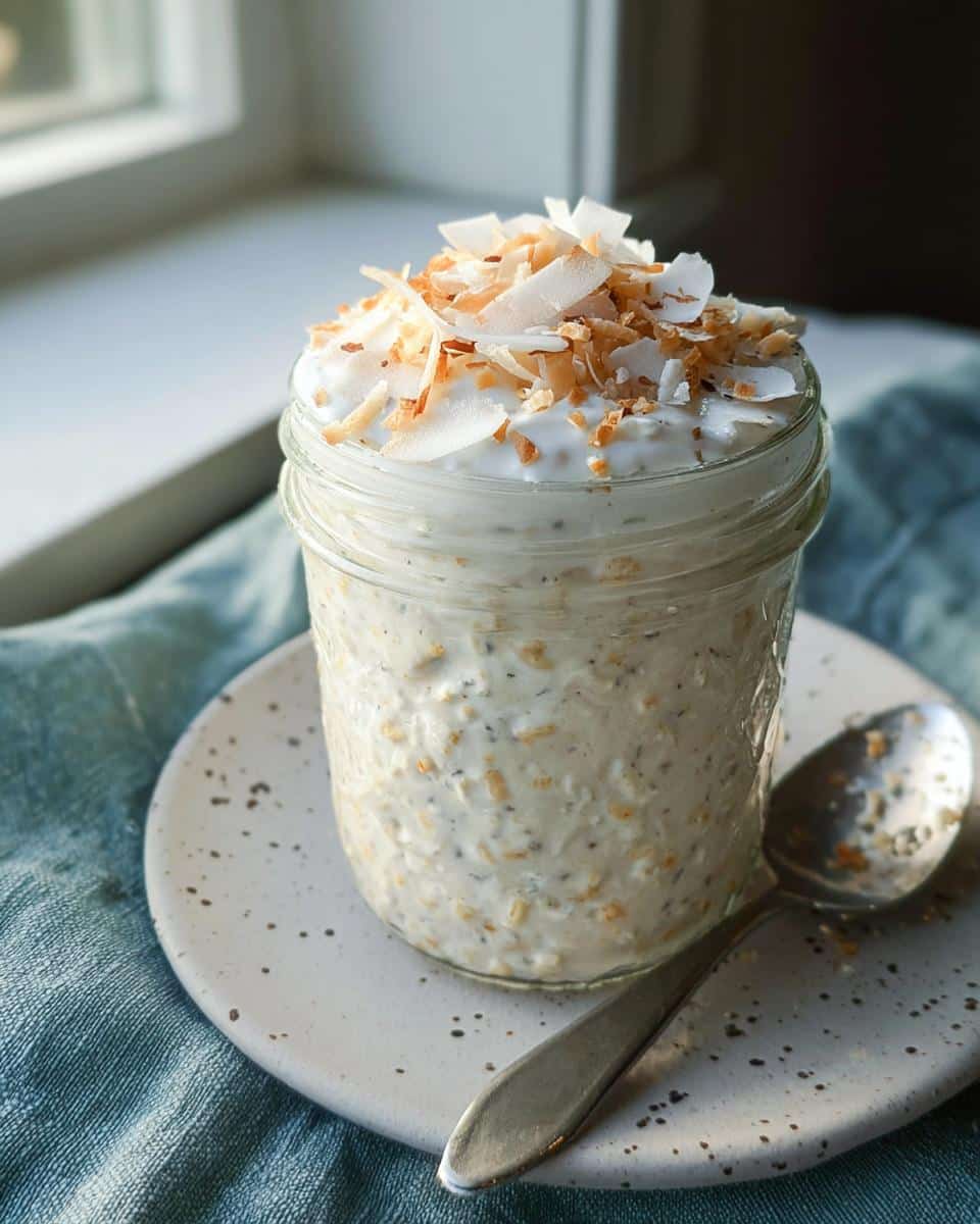Close-up of Coconut Overnight Oats in a mason jar, topped with toasted coconut flakes.