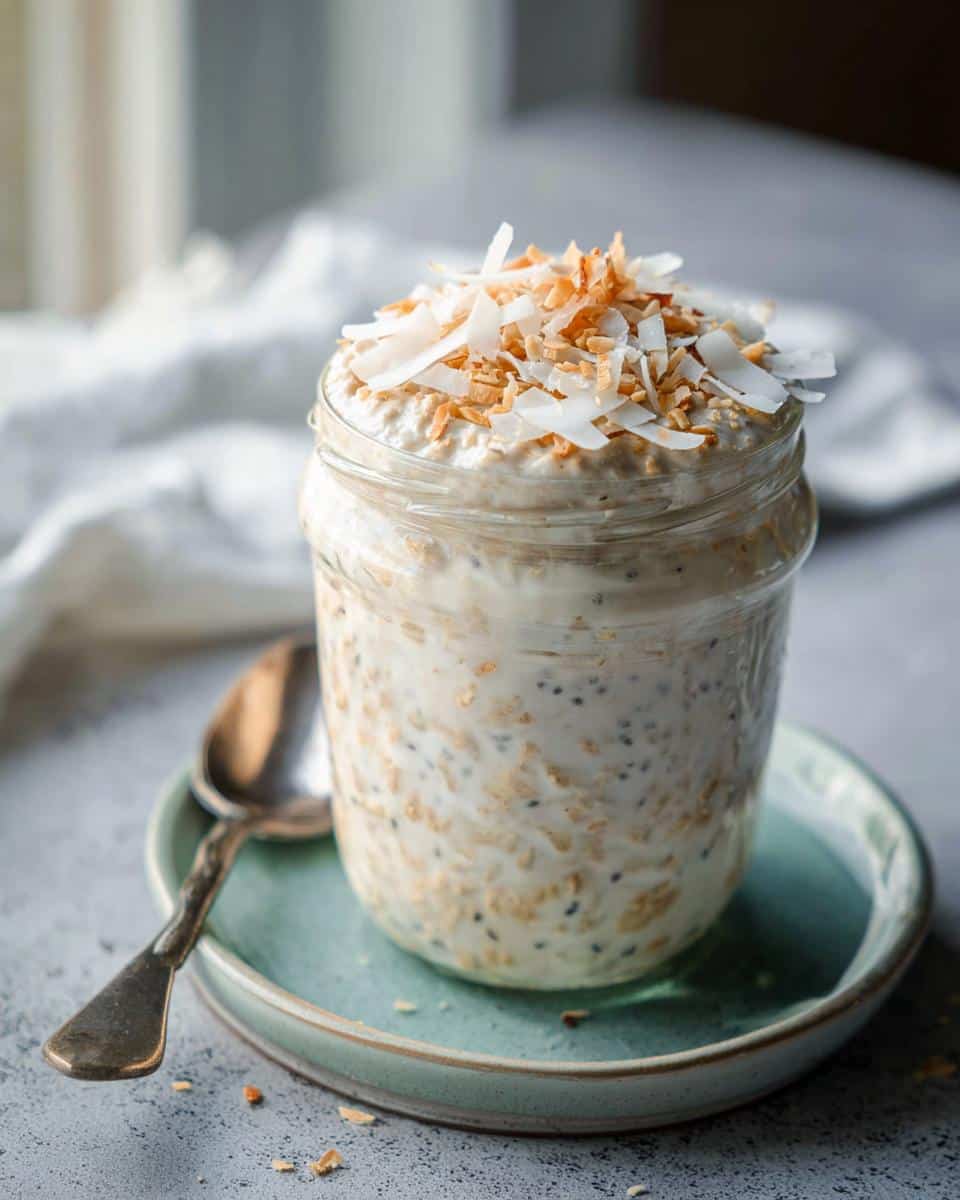 A jar of creamy Coconut Overnight Oats topped generously with toasted and untoasted coconut flakes.