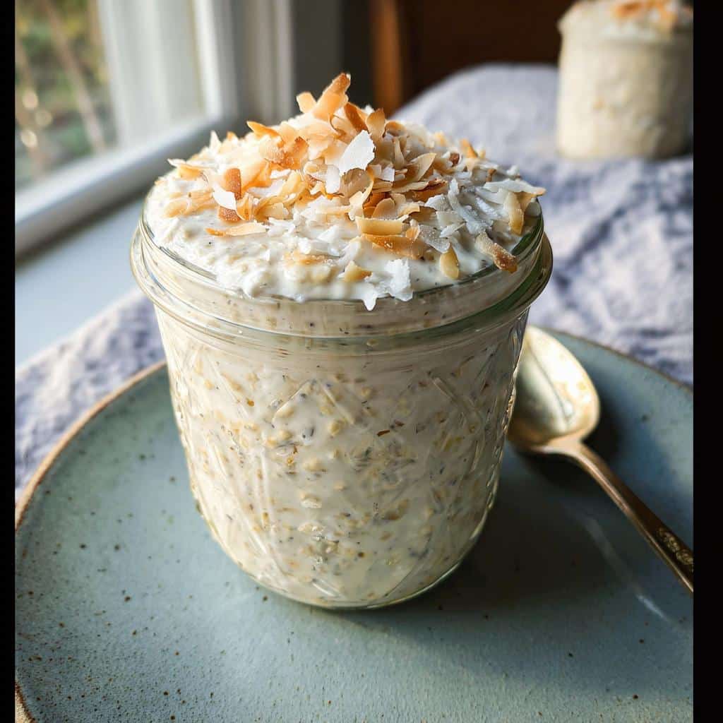 Close-up of creamy Coconut Overnight Oats topped with toasted coconut flakes in a glass jar.