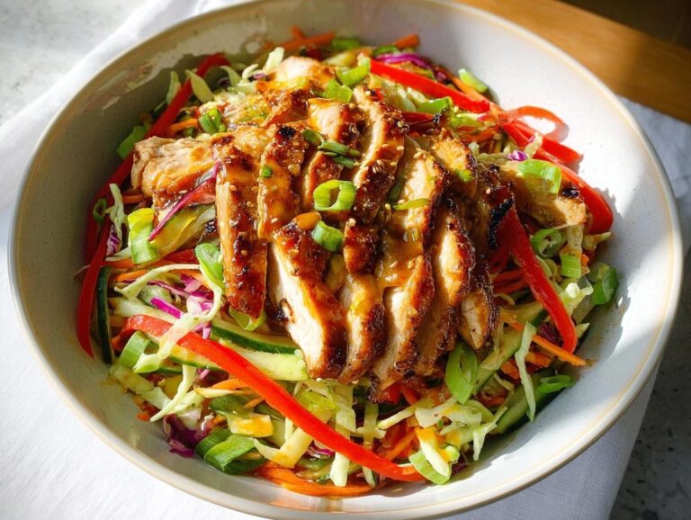 A bowl of vibrant Cold Asian Chicken Slaw topped with perfectly sliced, glazed chicken breast.