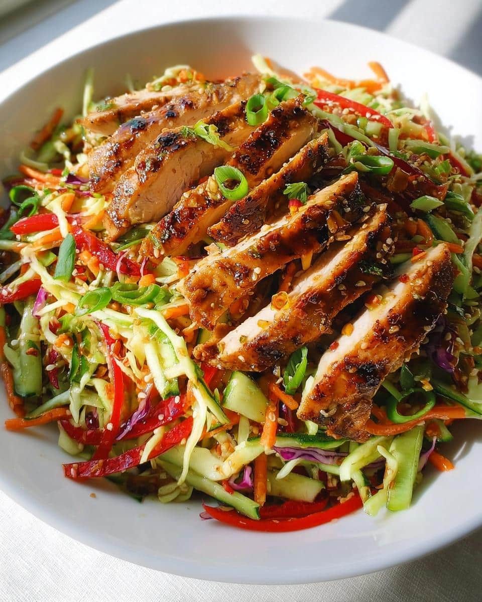 Sliced grilled chicken breast served over a vibrant Cold Asian Chicken Slaw with shredded vegetables.