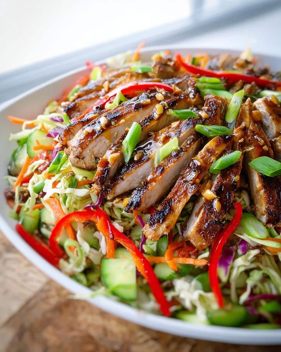Close-up of Cold Asian Chicken Slaw topped with sliced, glazed chicken breast, red peppers, and green onions.