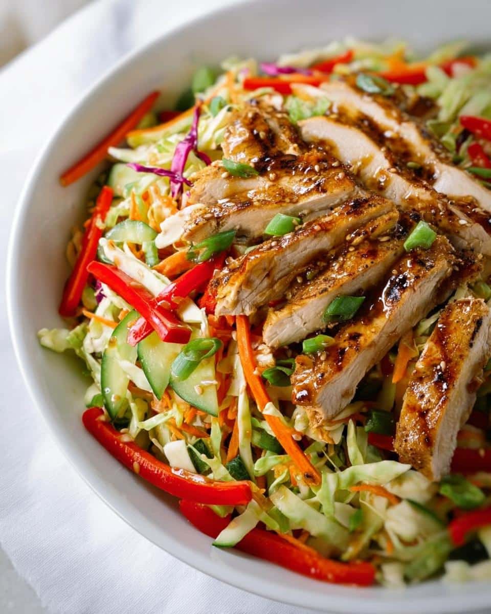 A vibrant bowl of Cold Asian Chicken Slaw topped with sliced, glazed chicken breast and garnished with sesame seeds.