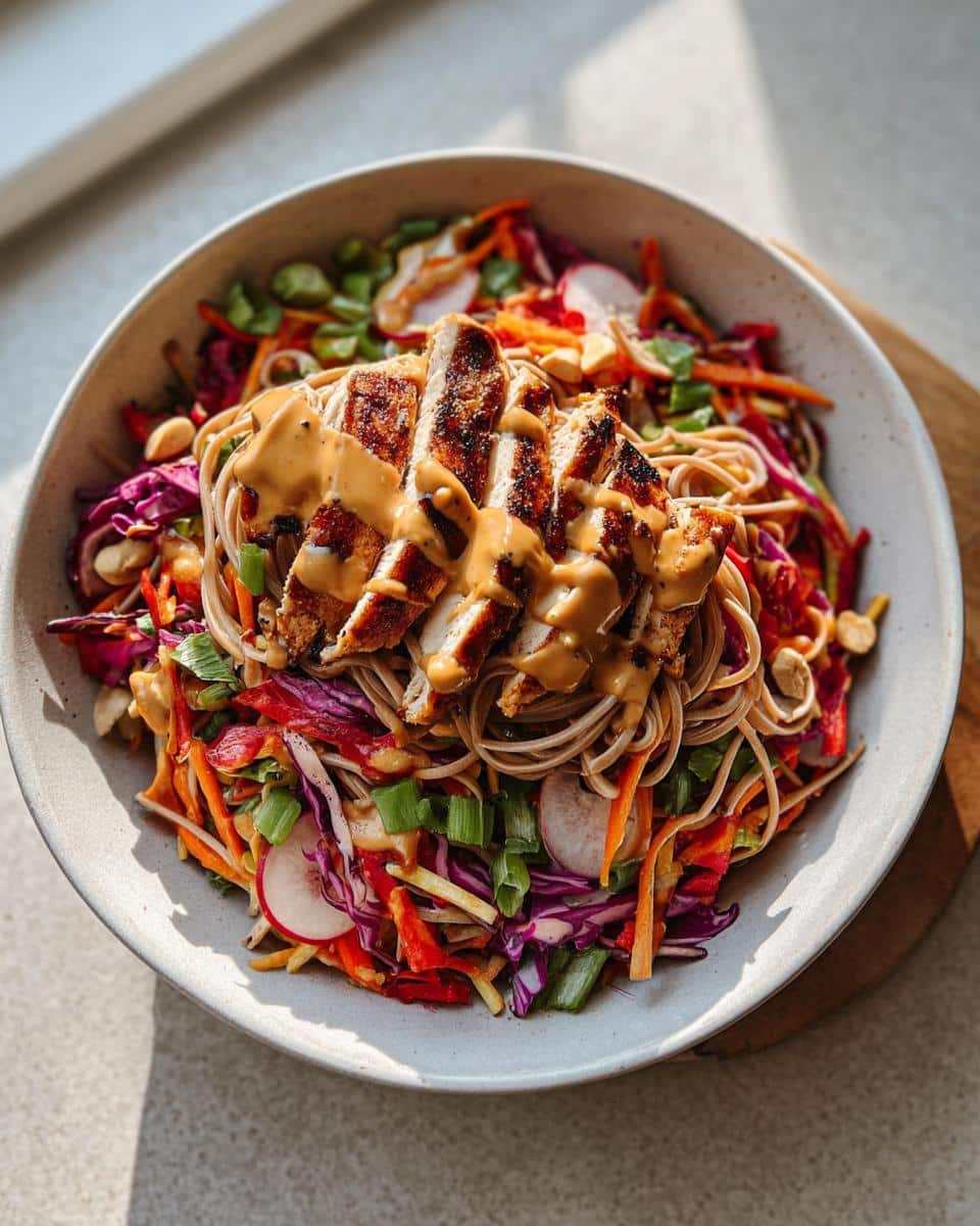 A bowl of Cold Peanut Chicken Noodles topped with sliced grilled chicken and creamy peanut sauce, surrounded by colorful shredded vegetables.