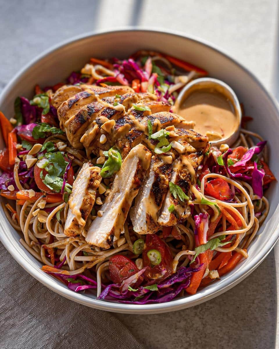 Close-up of Cold Peanut Chicken Noodles topped with sliced grilled chicken, vegetables, and peanut sauce.