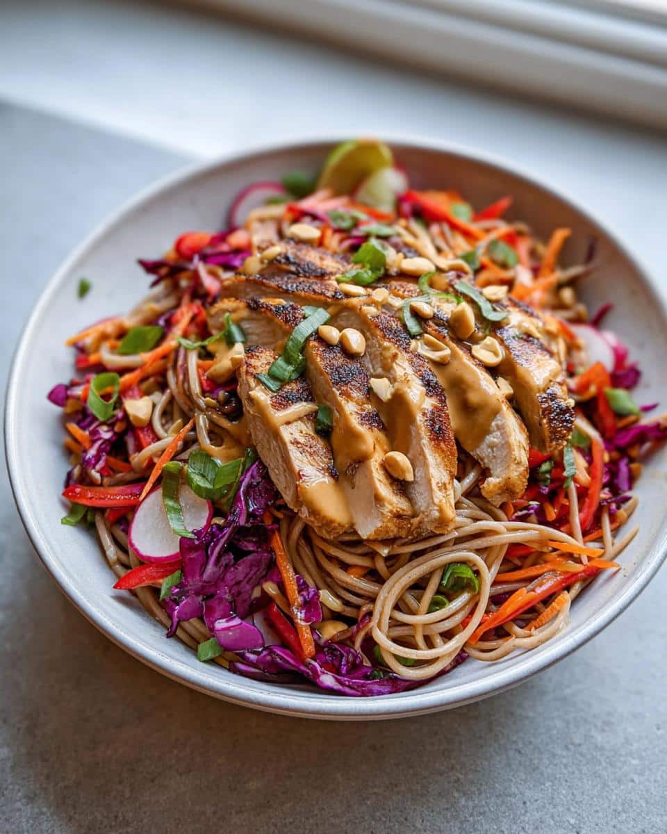A vibrant bowl of Cold Peanut Chicken Noodles topped with grilled, sliced chicken breast, shredded cabbage, carrots, and peanuts.