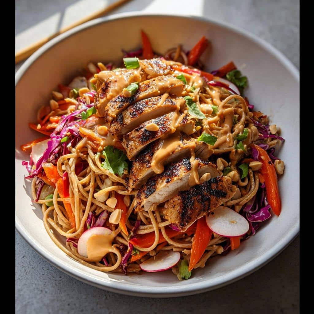 A vibrant bowl of Cold Peanut Chicken Noodles topped with sliced grilled chicken and peanut sauce.