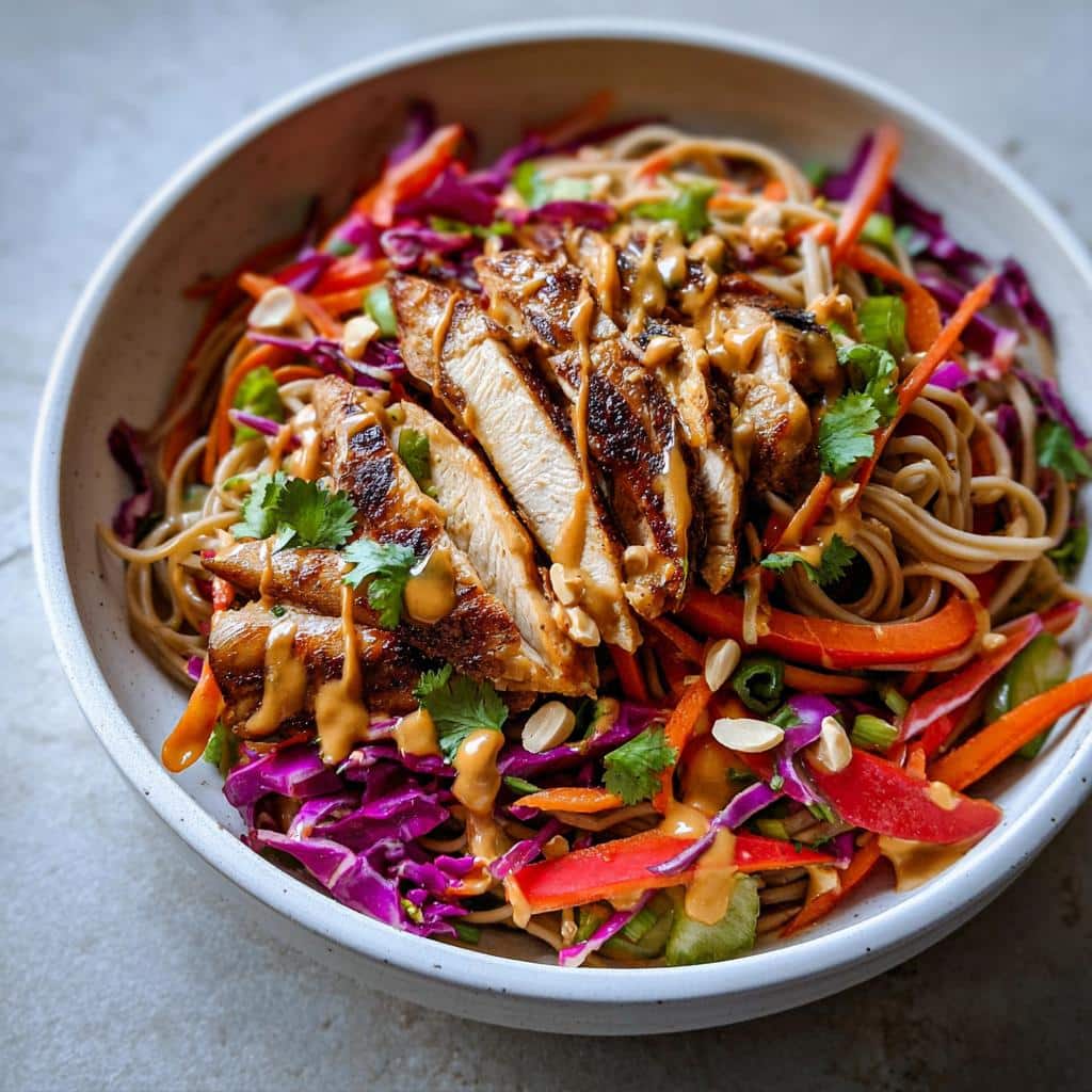 A close-up of Cold Peanut Chicken Noodles featuring sliced grilled chicken, noodles, and colorful shredded vegetables topped with peanut sauce.
