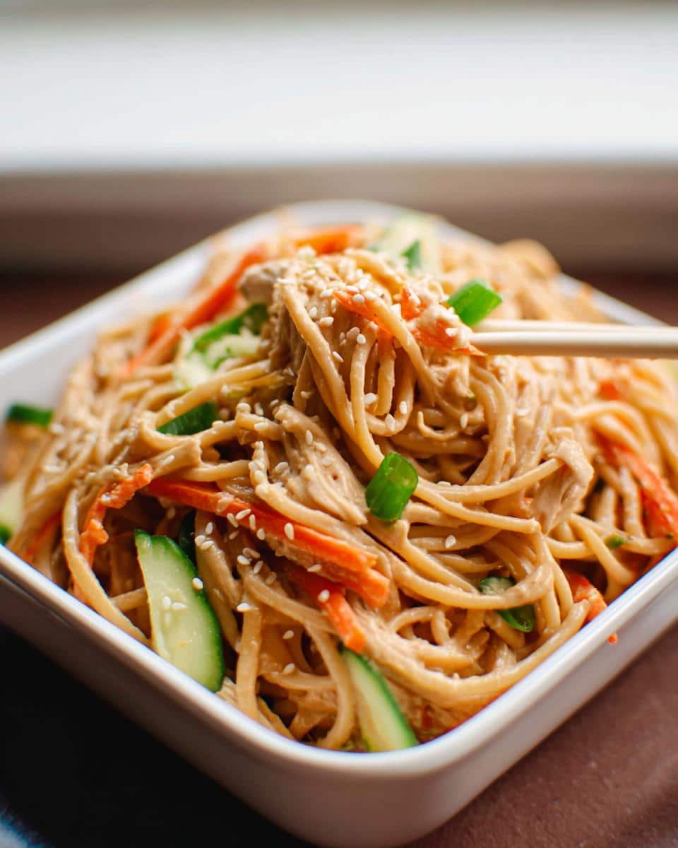 Close-up of noodles coated in sesame sauce, mixed with shredded carrots and cucumber slices, being lifted by chopsticks from a bowl of Cold Sesame Noodle Lunch Boxes.
