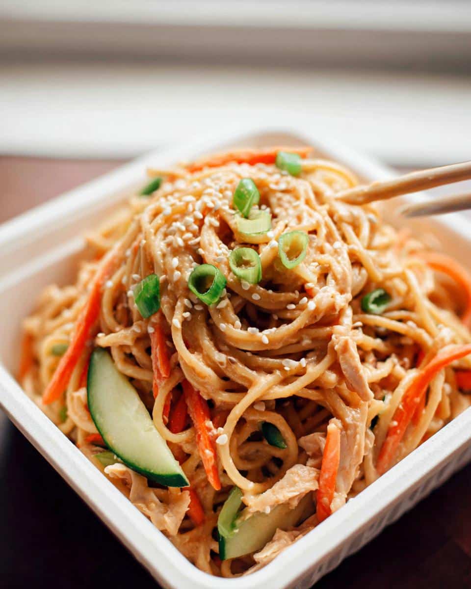 A close-up of creamy Cold Sesame Noodle Lunch Boxes, topped with shredded carrots, cucumber, and sesame seeds.