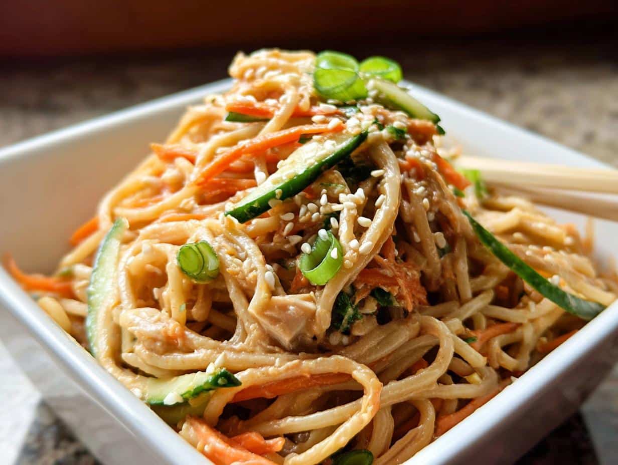 A close-up of creamy Cold Sesame Noodle Lunch Boxes mixed with shredded carrots and cucumber slices, topped with sesame seeds.