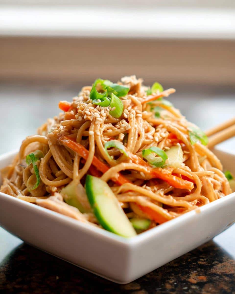 A close-up of Cold Sesame Noodle Lunch Boxes featuring noodles coated in sauce, topped with sesame seeds, scallions, carrots, and cucumber slices.