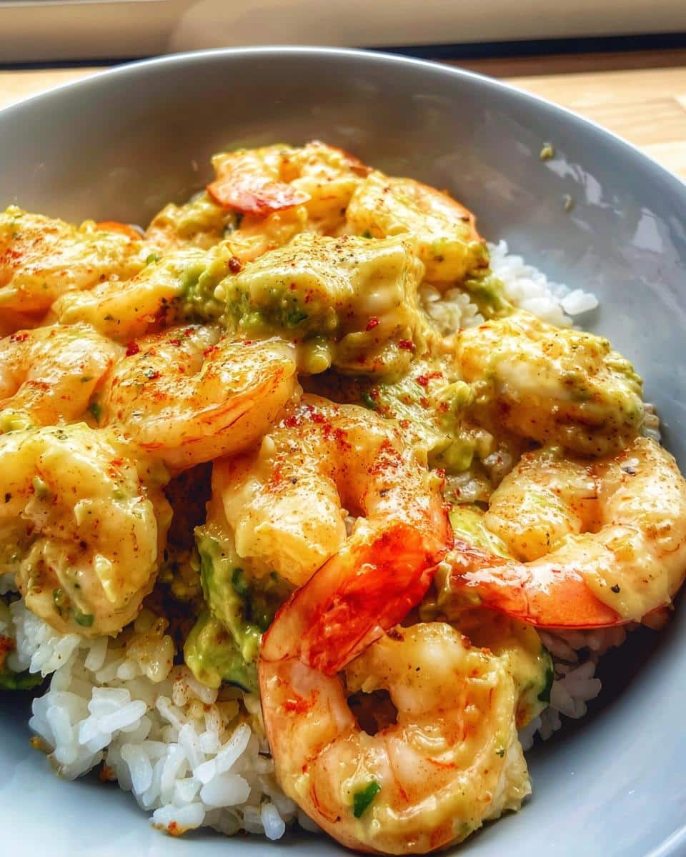 Close-up of cooked shrimp covered in creamy avocado sauce served over white rice in a Cold Shrimp Avocado Rice Bowl.