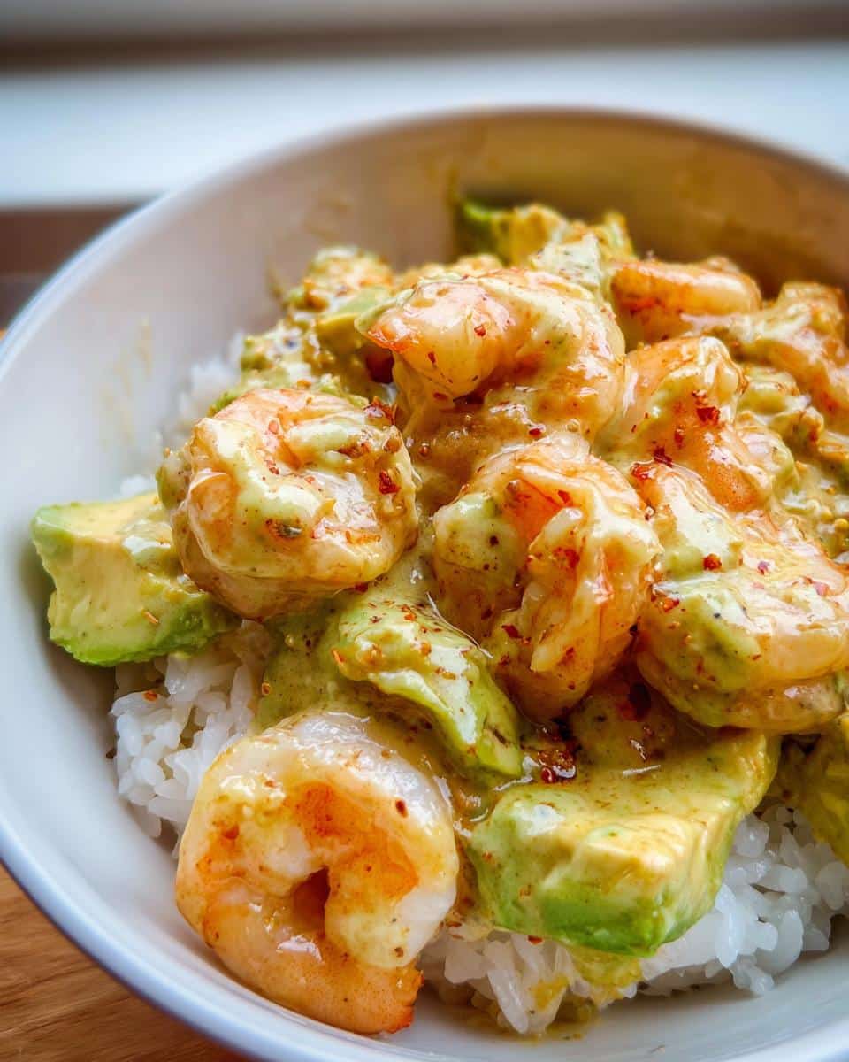 Close-up of a Cold Shrimp Avocado Rice Bowl featuring plump shrimp and avocado chunks coated in a creamy, spiced sauce over white rice.
