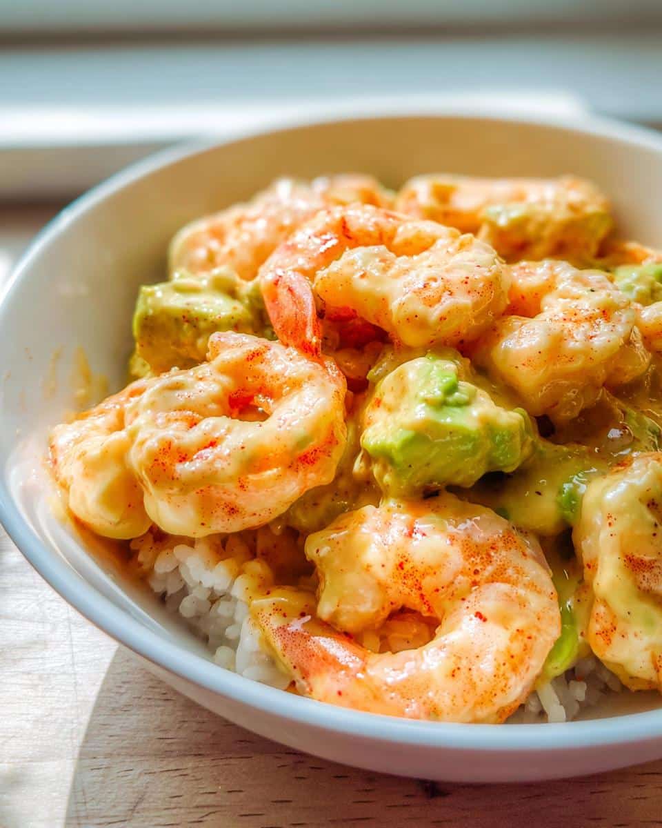 Close-up of a creamy Cold Shrimp Avocado Rice Bowl featuring shrimp and avocado chunks over white rice.