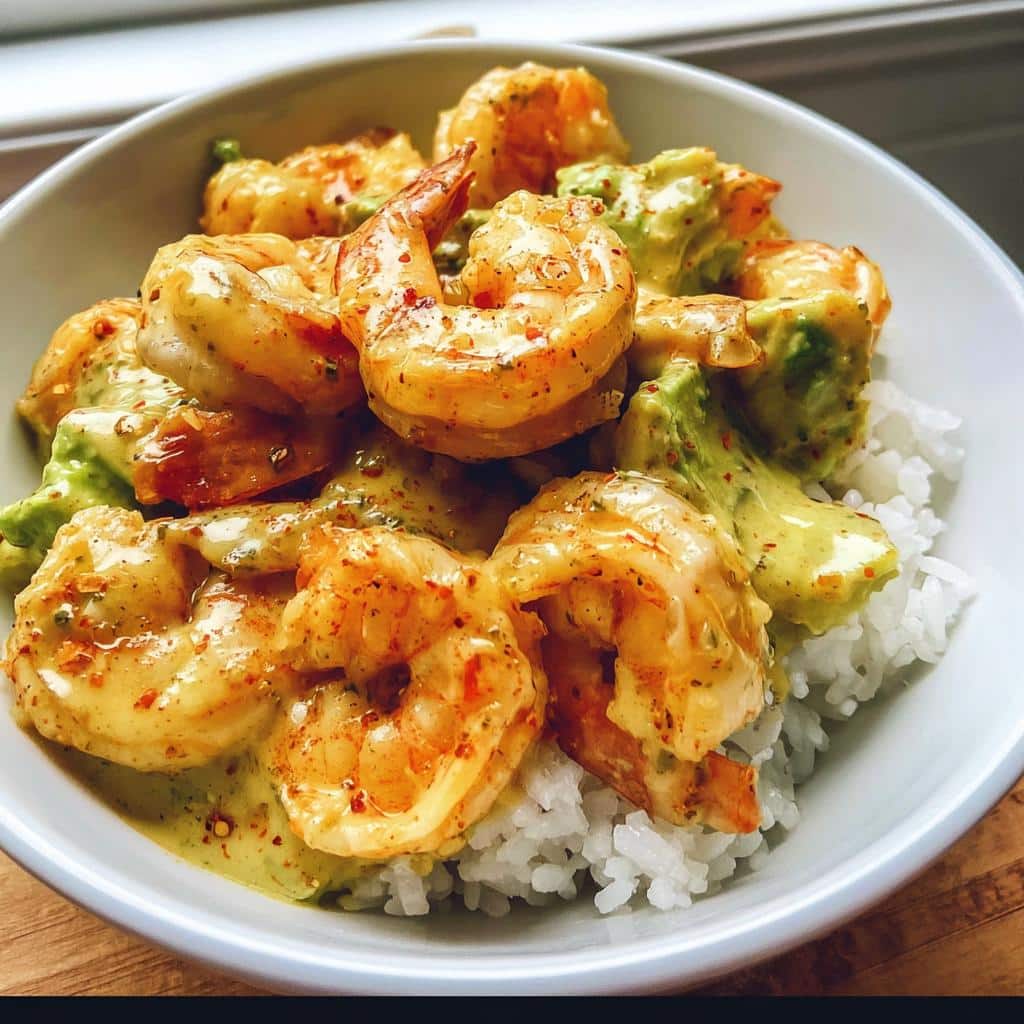 Close-up of a Cold Shrimp Avocado Rice Bowl featuring seasoned shrimp over white rice with creamy avocado dressing.
