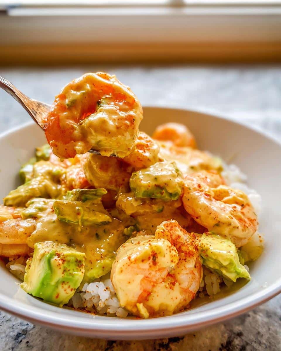 A fork lifts a creamy, sauced shrimp from a bowl of Cold Shrimp Avocado Rice Bowl, showing avocado chunks over rice.