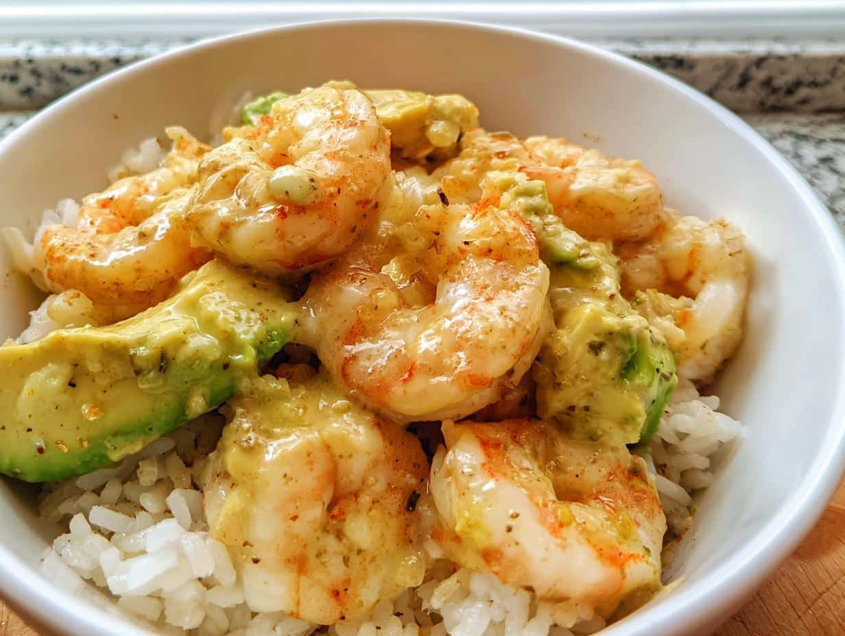 Close-up of a white bowl filled with white rice topped with creamy sauce, seasoned shrimp, and chunks of avocado in a Cold Shrimp Avocado Rice Bowl.