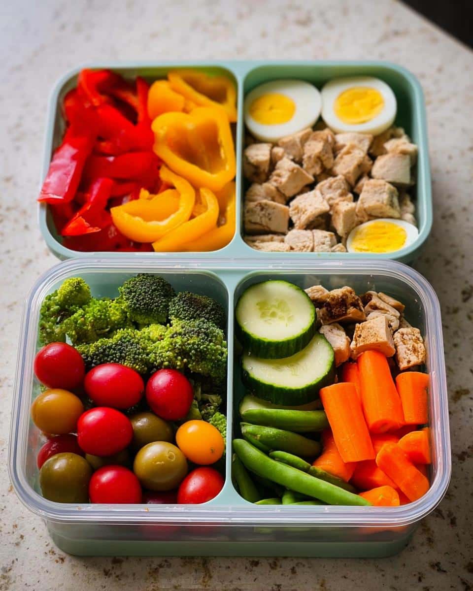 Two stacked lunch containers filled with colorful vegetables, diced chicken, and hard-boiled eggs for a Fast Protein Lunch Box.