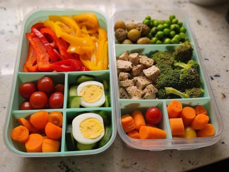 A divided lunch box containing chicken, broccoli, eggs, and various colorful vegetables for a Fast Protein Lunch Box.