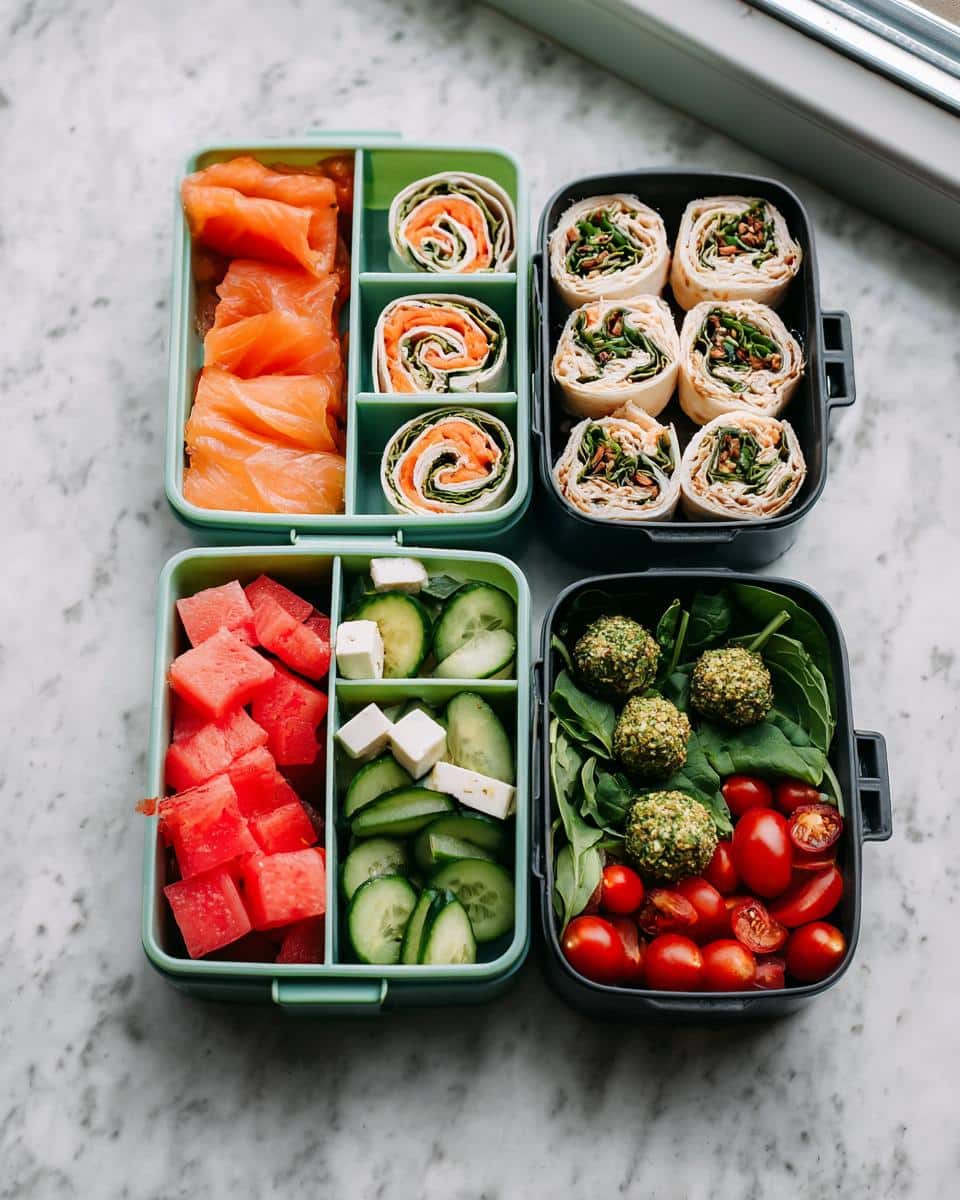 Overhead view of a colorful and healthy food bento box containing smoked salmon, wraps, watermelon, cucumber, feta, and falafel balls.