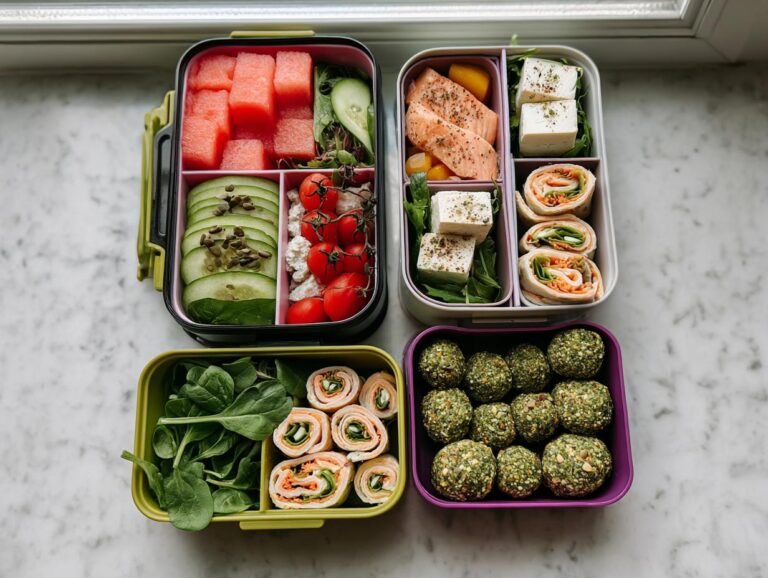 Four containers showing a healthy and colorful Funny Food Bento Box with salmon, wraps, fruit, and green energy balls.