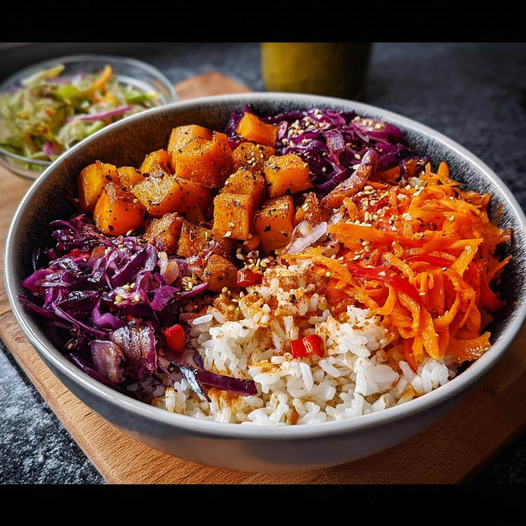 A vibrant Veggie Rice Bowl featuring white rice topped with roasted orange squash, shredded carrots, and purple cabbage.