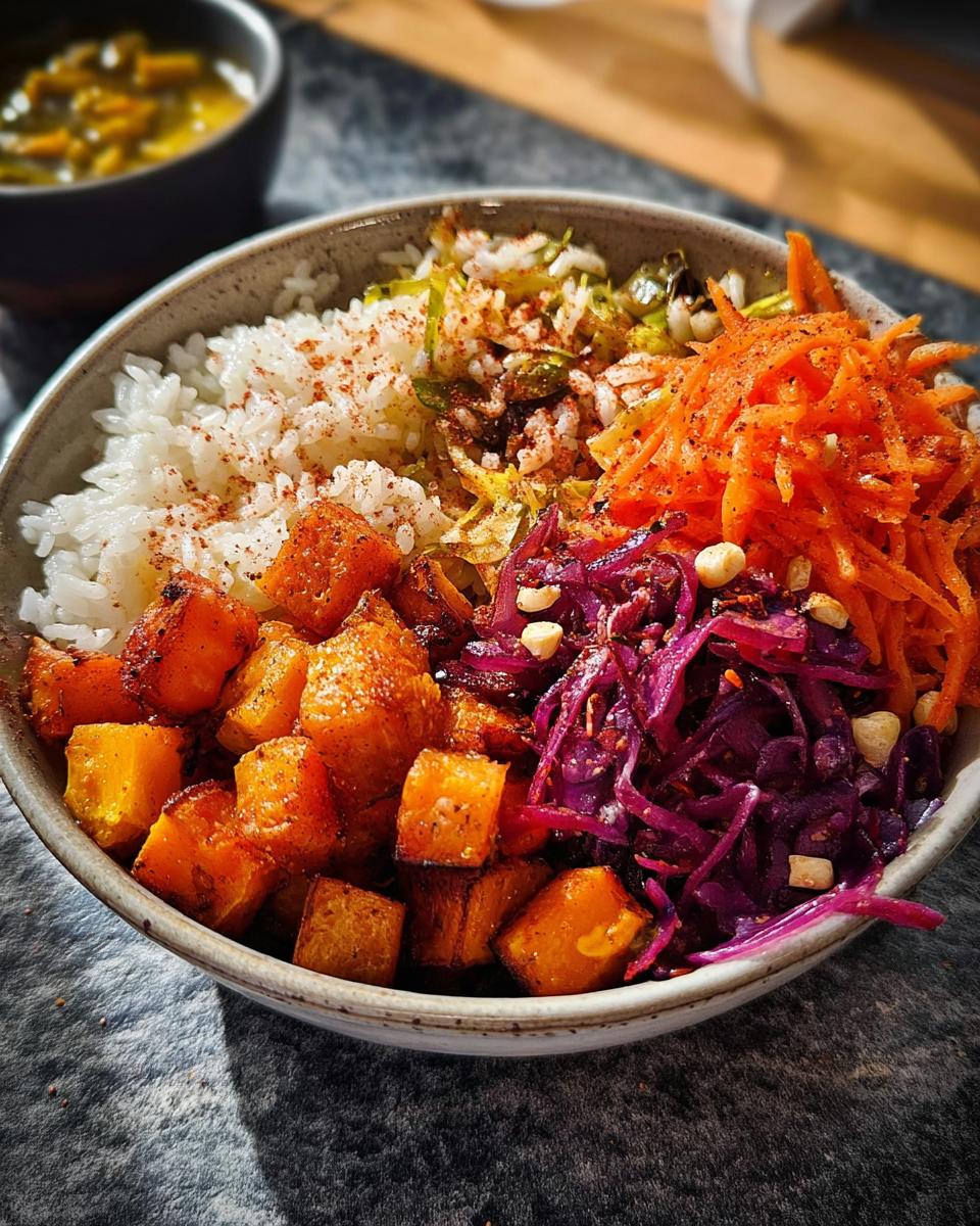 Close-up of a vibrant Veggie Rice Bowl featuring white rice, roasted orange squash cubes, shredded red cabbage, and grated carrots.