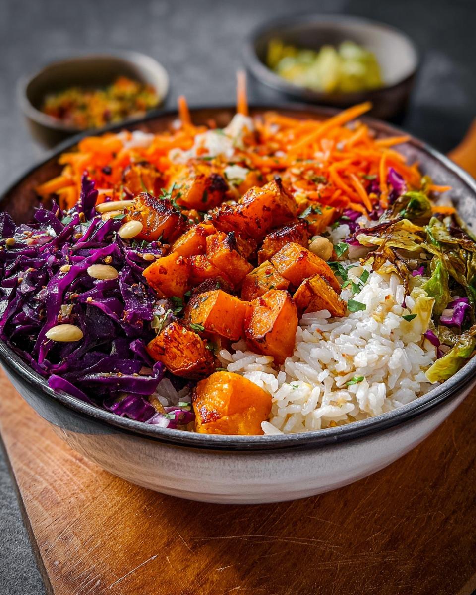 Close-up of a vibrant Veggie Rice Bowl featuring white rice, roasted orange sweet potatoes, shredded purple cabbage, and carrots.