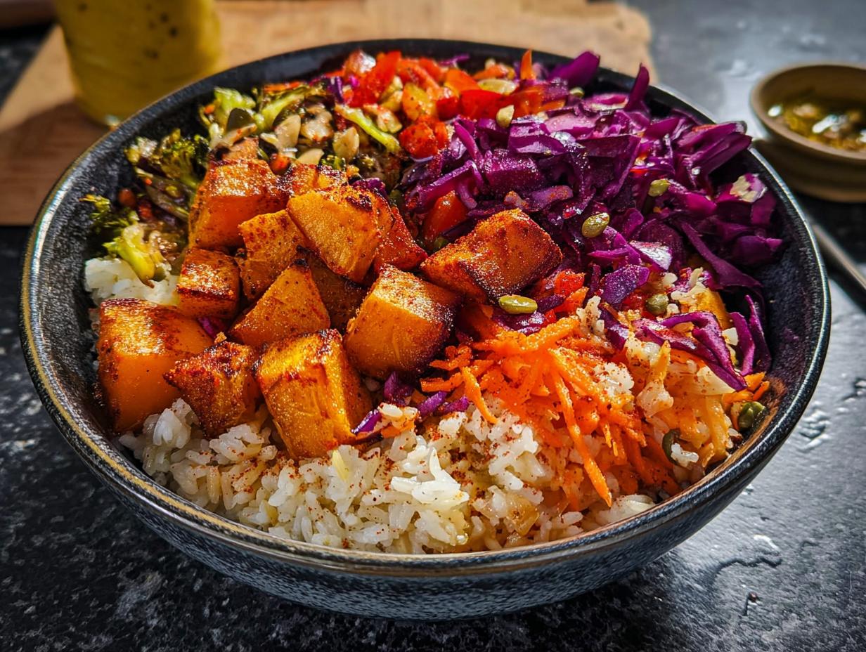 Close-up of a vibrant Veggie Rice Bowl featuring white rice, roasted orange squash cubes, shredded purple cabbage, and carrots.